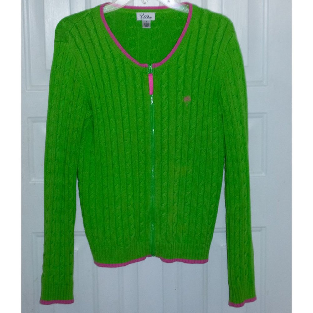 Lilly Pulitzer Cable Knit Full Zip Sweater Green w/ Pink Trim